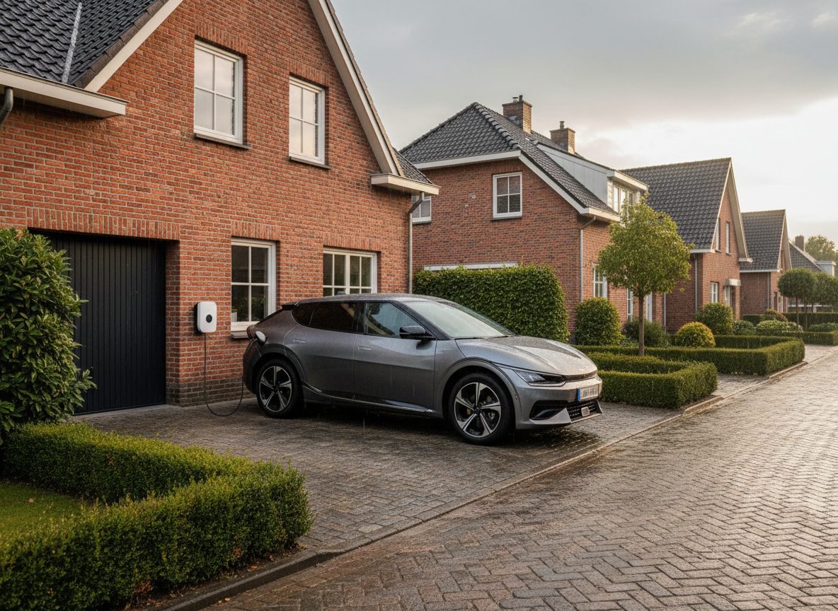 laadpaal installatie bij moderne villa in Flandre in de winter